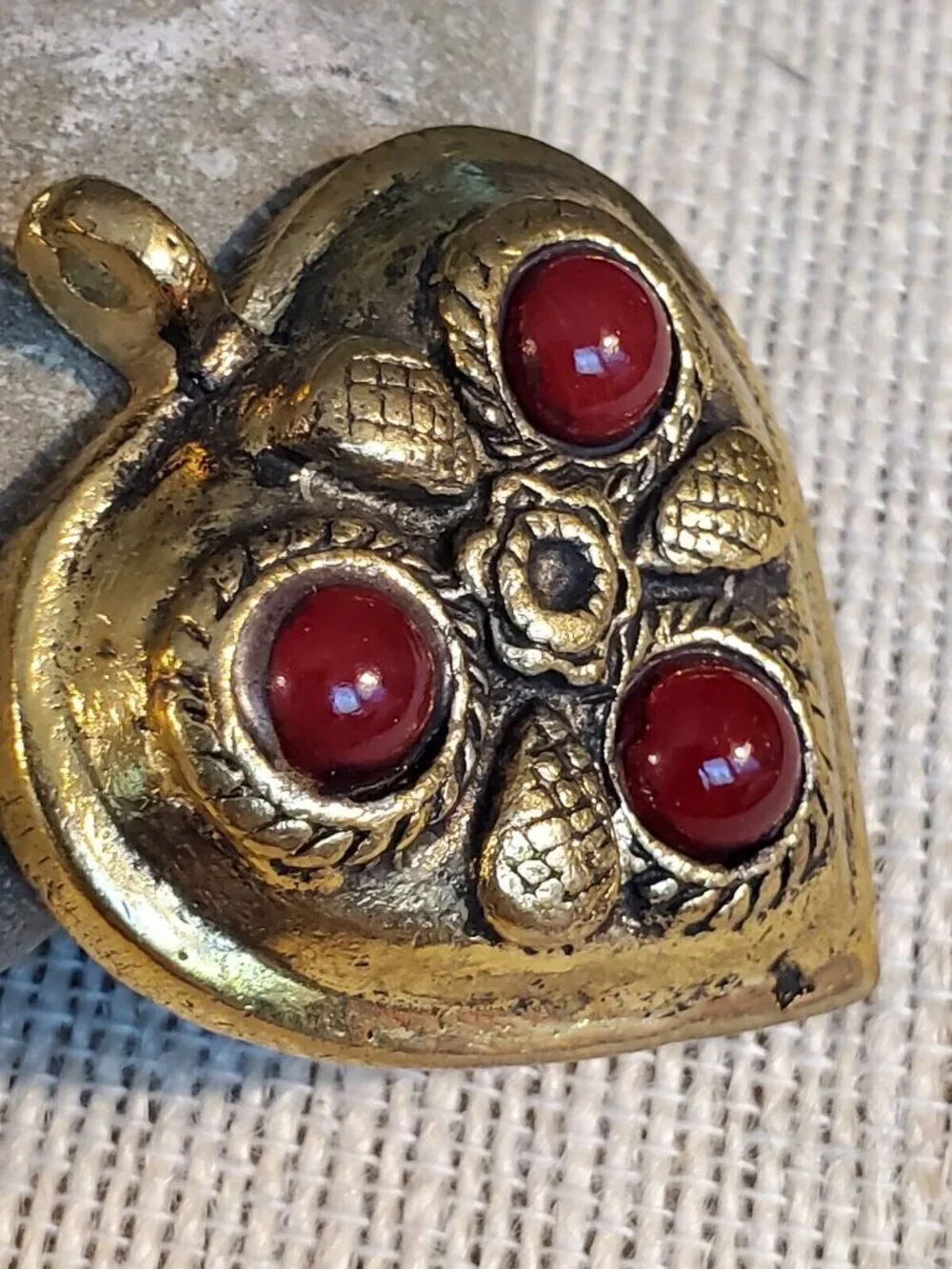 India Tribal Carved Heart Red Glass Cabs Antique Gold Aluminum Metal Pendant